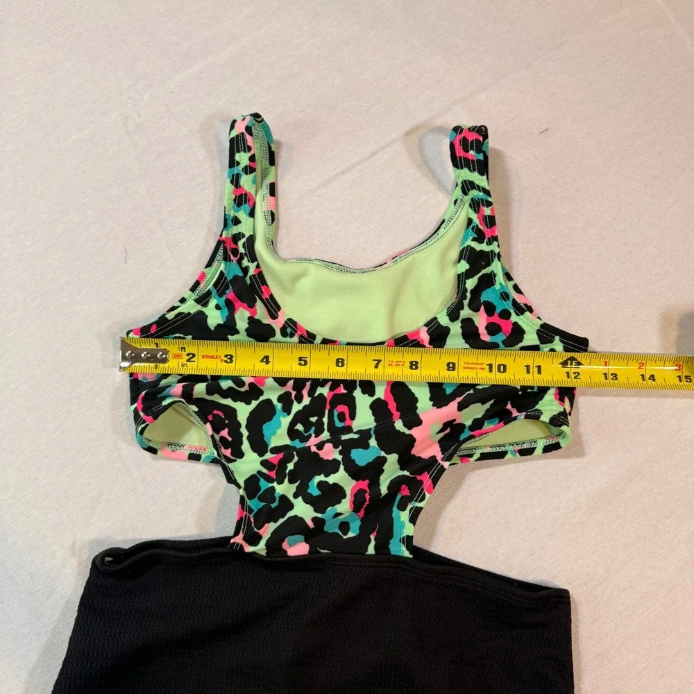 Art Class One Piece Swimsuit Kids L 10/12 Black Neon Leopard Cutout 90s Inspired